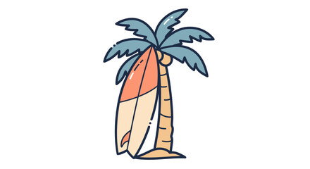 Cartoon illustration of a surfboard leaning on a tropical palm tree © TDF CREATIVE
