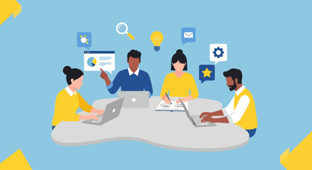 Diverse business team collaborating in a modern meeting room with various icons.