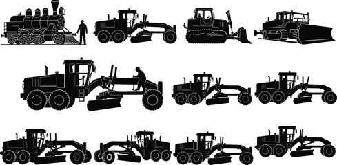 Black silhouette set of vintage steam locomotive train and modern construction machinery motor grader bulldozer and industrial road engineering equipment © Saila