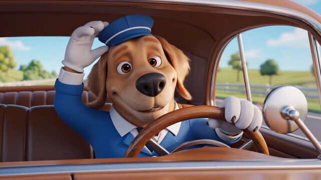 A cartoon dog driving a vintage car waves in greeting from the driver's seat outdoors