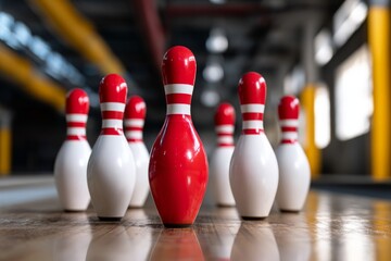 Precision Bowling Pins Aligned on Wet Floor Ready for Reset After Strikes