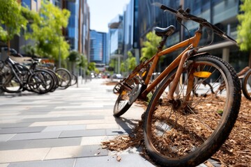 Fototapeta premium Abandoned Bicycle Frames in a Parking Area Surrounded by Modern Buildings