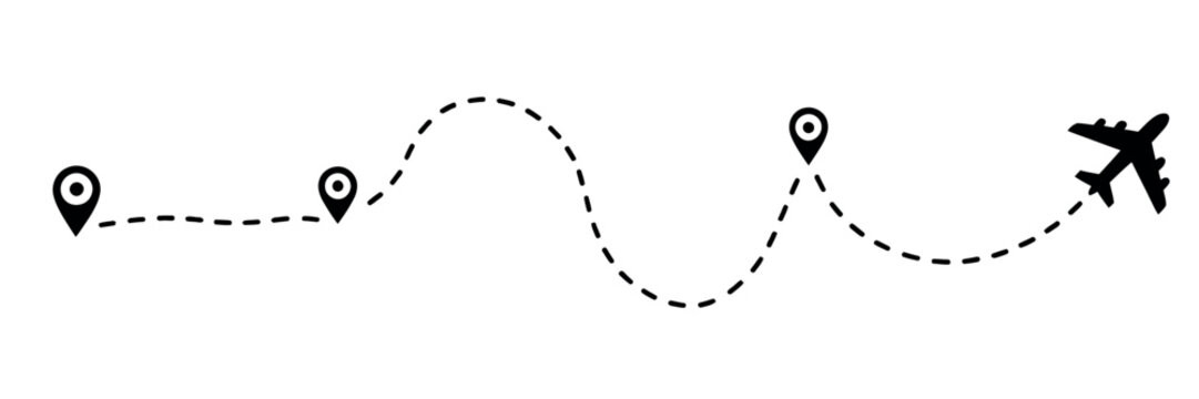 Airplane Flight Path Vector Concept: Dotted Line Travel Routes with Start Points and Destinations Featuring Black Aircraft Silhouettes for Tourism and Logistics