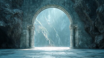 Ancient Stone Arch Portal with Glowing Magical Symbols Inside a Mountain Cave &ndash; Epic Fantasy Scene