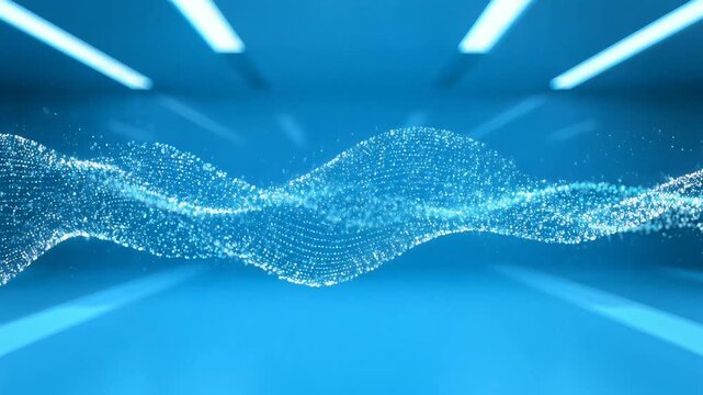 Innovative technology concept with glowing particles in modern blue room