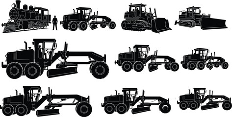 Obraz premium Detailed black silhouette collection of heavy construction machinery including motor graders bulldozers and vintage steam locomotive engine for industrial design projects.