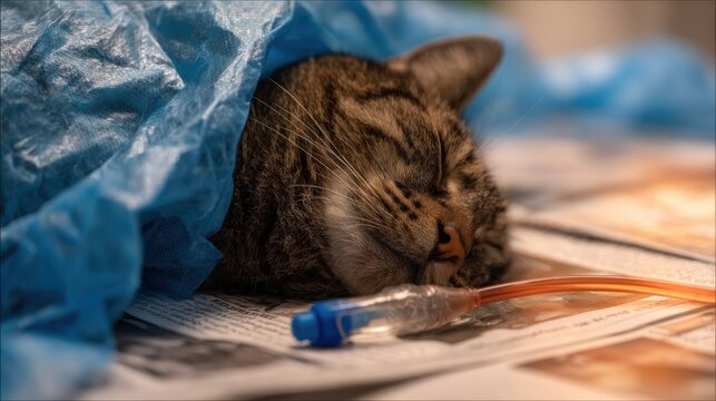 vet cat under anesthesia with oxygen tubing and surgical drape on clinic table, close-up of sedated tabby receiving veterinary care