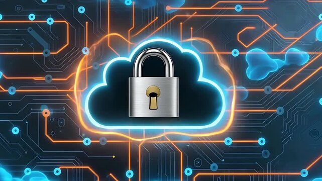 3D render cloud computing security concept with metallic padlock icon on glowing circuit board background. Data protection, digital privacy, cybersecurity technology.