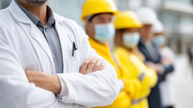 A group of construction workers wearing yellow and white protective gear