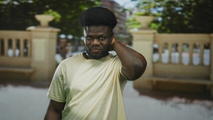 Fototapeta premium Man touching neck with right hand on street near stone balustrade, wearing light t shirt and slight smile; playful selfconscious.