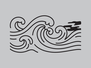 Powerful black waves with stylized foam and subtle cloud shapes, dynamic ocean illustration for design