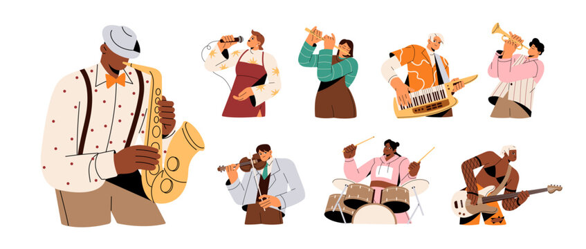 People play different music instruments set. Musicians with saxophone, guitar, drum, violin, flute. Jazz players and singers perform in concert. Flat isolated vector illustrations on white background.