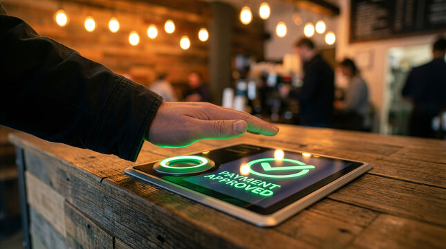 First Person View POV Shot Successful Biometric Payment Transaction Green Confirmation Light Terminal Scanner Cafe Check - biometric payment focus