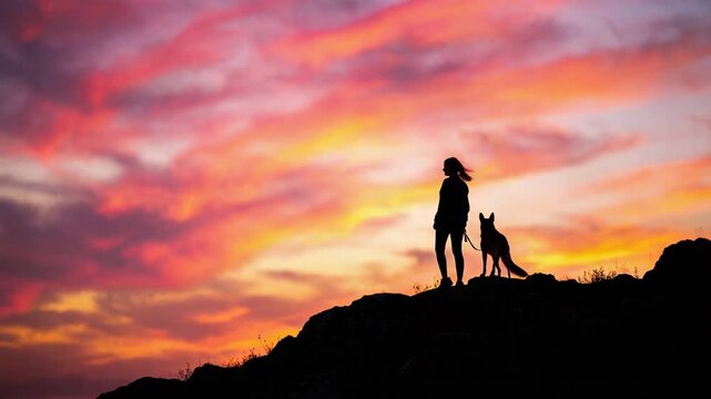 A person and a dog stand on a hilltop at sunset, silhouetted against vibrant clouds. The scene shows nature and companionship, suitable for multiple uses in commercial projects