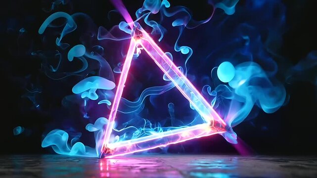 Neon glowing pink and blue triangle with smoke trails on dark background, abstract futuristic geometric light effect, digital art