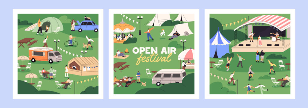 Designs of outdoor music festival cards. Templates of postcards with open air fest in park. Summer event in nature with food  trucks, stalls, tents, performance on stage. Flat vector illustrations.