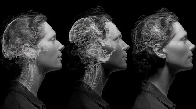 National Multiple Personality Day:scientific CGI of the same person, same framing and lighting, brain visualization with multiple faint coexisting neural micro-layers, SEM-inspired grayscale contrast