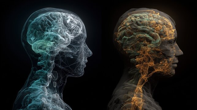 National Multiple Personality Day:scientific CGI of the same subject, same framing and lighting, brain visualization with multiple faint coexisting neural activation layers