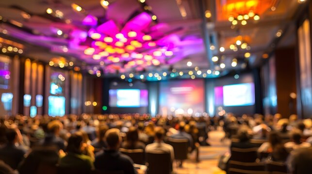 Blurry image of a large audience in a conference hall with colorful lights on the ceiling and screens on the wall