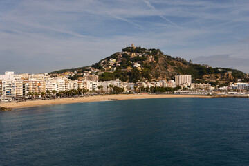 S'Abanell Promenade. Blanes (Spain), January 16, 2026. This promenade runs along Blanes beach and has numerous restaurants and terraces. Blanes is a tourist town on the Costa Brava.
