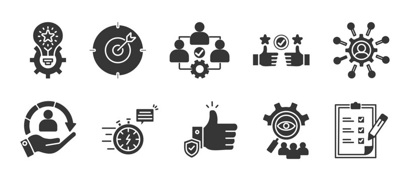 Core Values glyph icon set collection.. Icon pack contain Innovation, goals, teamwork, commitment, integrity, customers, responsibility, trust, transparency, accountability.  dual tone vector.