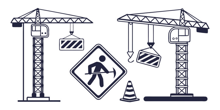 Construction site with cranes, barriers, and warning signs for safety and work zone management