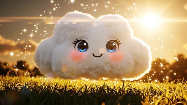 A smiling cartoon cloud with blue eyes and rosy cheeks floats above a lush green meadow bathed in warm sunlight at sunrise