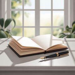 Fototapeta premium Elegant open notebook with blank pages and a sophisticated fountain pen resting on a clean desk, bathed in soft natural light from a window, suggesting inspiration and writing.
