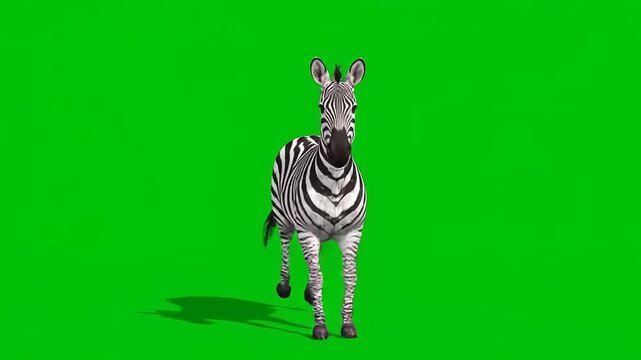 Zebra running towards camera, wildlife on a green screen, cartoon style, animal isolated, perfect for creative compositions, and projects.