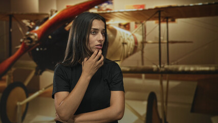 Young hispanic woman, finger to lips beside a vintage biplane in a museum building with exhibit lighting and aircraft propeller visible  contemplation. © Krakenimages.com