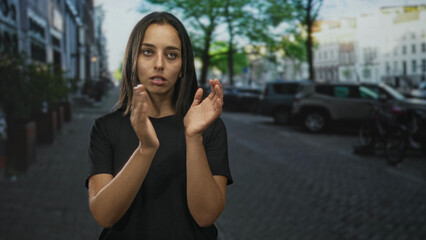 Fototapeta premium Woman claps hands with arms on hips and rolls eyes on a cobblestone street wearing a black t shirt; annoyance impatience sarcasm.