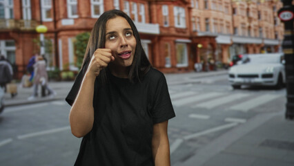 Fototapeta premium Young hispanic woman rubbing her eyes and pulling her cheeks on a city street crosswalk, standing outdoors; sadness fatigue.