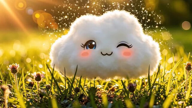A smiling cloud with a joyful face resting in a lush green meadow surrounded by flowers under a sunny sky