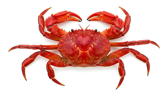 Red cooked king crab top view isolated on white background showing large pincers and detailed shell texture for seafood restaurant menu presentation