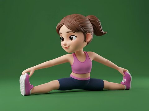 A cartoon girl in exercise attire stretching her legs wide apart in a split on a green background