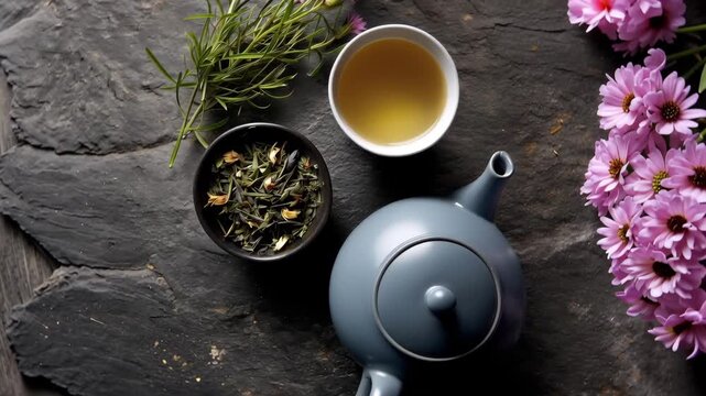 Teapot with herbal tea and loose leaves on stone surface, flatlay of natural wellness and calming beverage with flowers