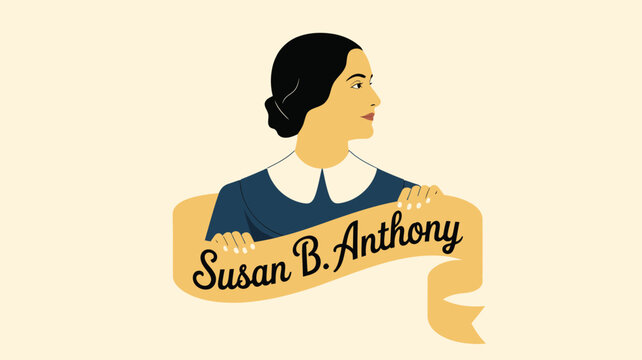 susan b anthony portrait illustration with banner text in flat style isolated on light background for history womens rights and suffrage concept