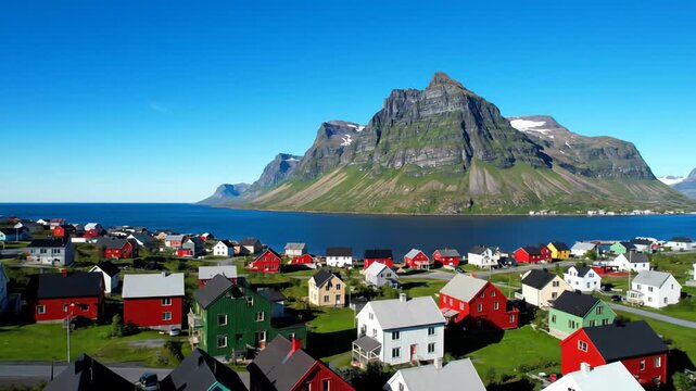 Aerial view of a serene colorful coastal village with vibrant houses beside a deep blue fjord and towering rugged mountains under a clear blue sky in the Nordic region peaceful landscape video footage