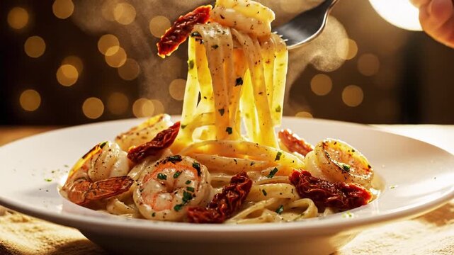 A fork lifts a portion of creamy pasta with shrimp and sun-dried tomatoes in a restaurant setting at night with soft lighting