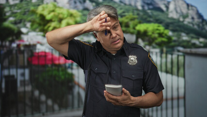 Police officer man holding notebook and pen, wiping forehead with hand while checking notes on a street near cafe railing and trees; fatigue duty.