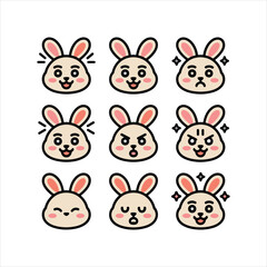 Fototapeta premium Cute Bunny Face Emoji Set Cartoon Rabbit Expressions Illustration