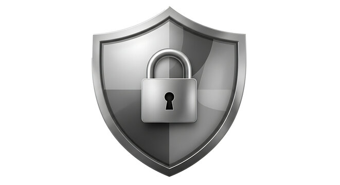 Gray shield with padlock on white background security symbol
