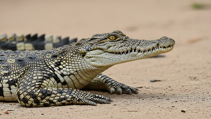 Fototapeta premium Close up of crocodile head and eye reptiles wild animal dangerous predator lurking watchful dangerous jaws swamp river banks
