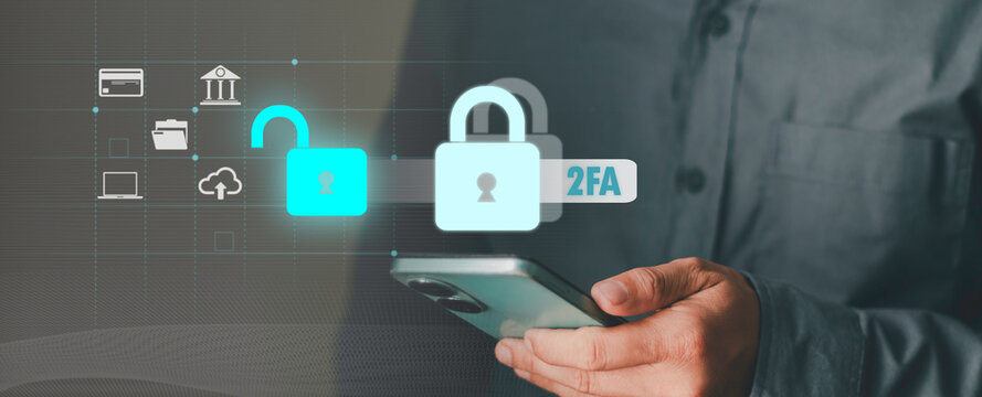2FA , cybersecurity, two factor authentication, data protection, secure mobile access, cloud security, and digital privacy management. Business professional using smartphone with digital lock.