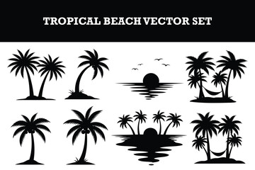 Obraz premium Tropical beach vector set featuring palm trees islands sunset and hammock illustrations for travel design