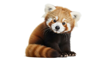 Fototapeta premium Cute baby red panda looking curious with dark eyes sitting tilted head against bright white background wildlife picture