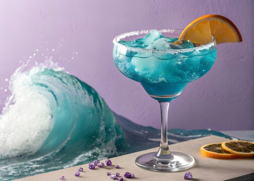 Blue cocktail in a margarita glass with dynamic water wave splash and citrus garnish, creating a creative ocean inspired summer drink and liquid motion concept.