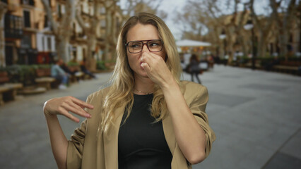 Fototapeta premium Woman pinching nose because of bad smell at street surrounded by urban scenery blending discomfort with curiosity.