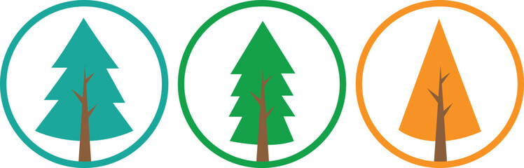 Obraz premium Nature-Inspired Colorful Tree Icon Collection Showing Wooden Trunks and Leaf Details in Minimal Flat Vector Style
