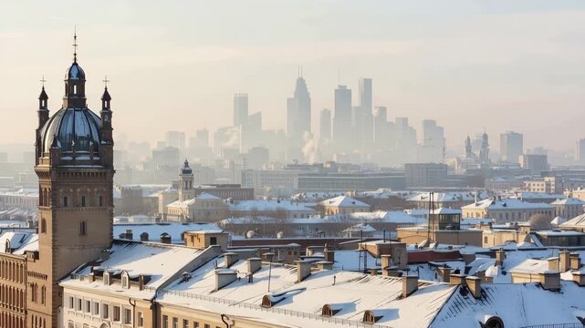 Snow-covered cityscape with historic clock tower in foreground and modern skyline in haze, winter urban panorama